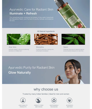 Vrishvrindaa alcohol-free toner with Manjistha, Neem, Haldi, Aloe Vera, and Rose. This Ayurvedic face toner tightens pores, balances oil, brightens skin tone, and soothes acne-prone skin, leaving a refreshed and radiant glow.