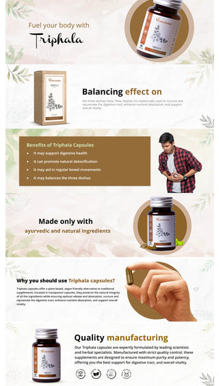 Vrishvrindaa Triphala Capsules, a natural Ayurvedic supplement that supports digestive health, promotes detoxification, and balances the three doshas.