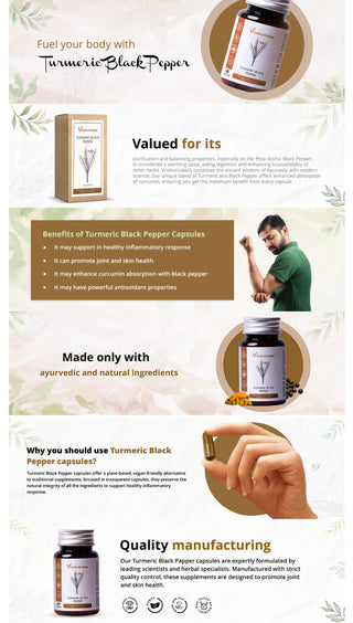 Vrishvrindaa Turmeric Black Pepper Capsules, a natural supplement to support healthy inflammatory response, promote joint and skin health, and enhance curcumin absorption.