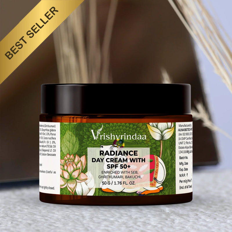 Vrishvrindaa Radiance Day Cream – Ayurvedic day cream with SPF 50+ for glowing skin, hydration, and sun protection