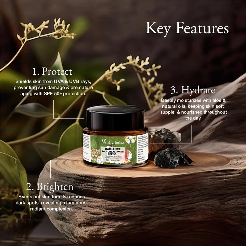 Vrishvrindaa Day Cream with SPF 50+ – brightening moisturizer for sun protection and radiant skin